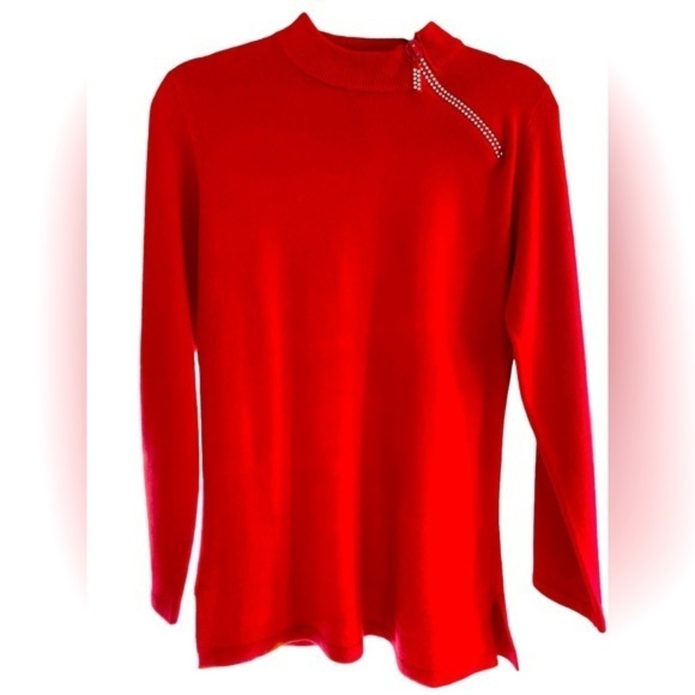 Quacker Factory women’s red knit bedazzled zipper tunic sweater X-small XS Y2K